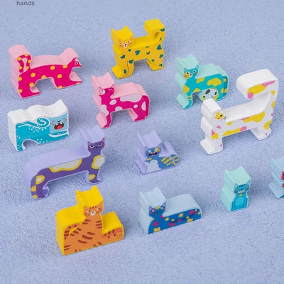 Bloques de Madera con Patrón de Gato - 12 Piezas