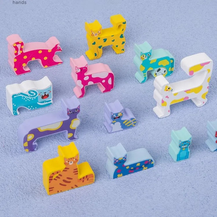 Bloques de Madera con Patrón de Gato - 12 Piezas