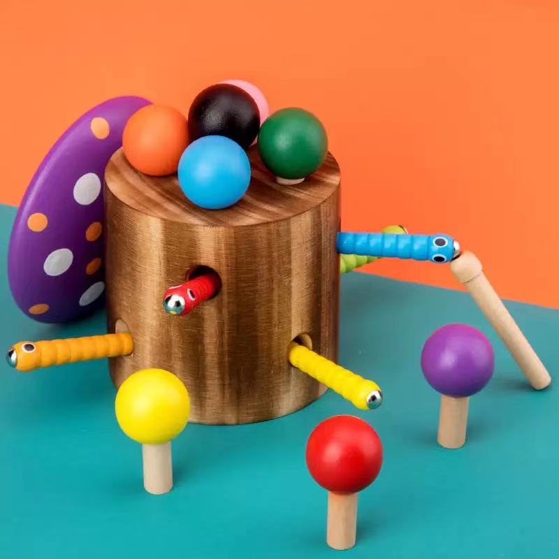 Jeu de pêche aux champignons et aux vers en bois - Jouets de motricité fine
