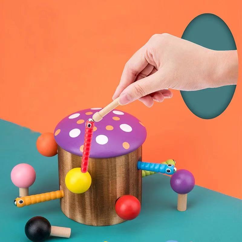Jeu de pêche aux champignons et aux vers en bois - Jouets de motricité fine