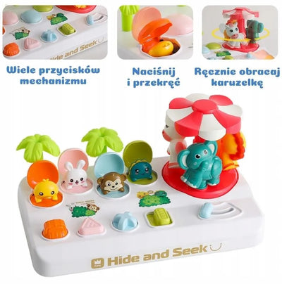 Fidtoy Pop Up Hide and Seek Animal Puzzle for Kids Interactive Animal Carousel Toy with Shape Buttons Fine Motor Play Ages 3+