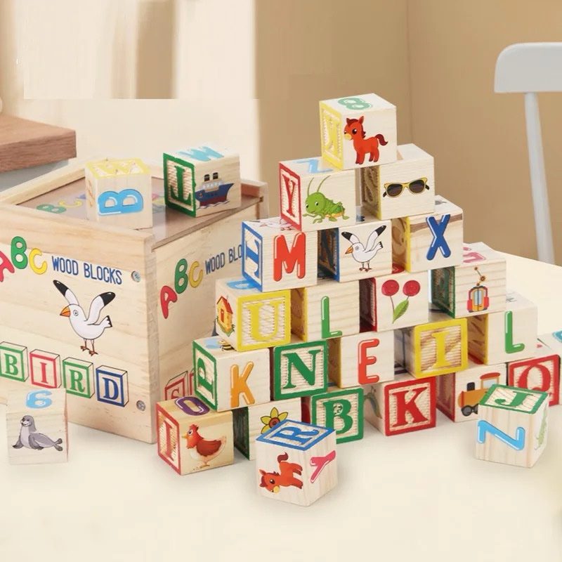 Bloques de madera con alfabeto - Clásico juguete apilable y de aprendizaje ABC con caja de almacenamiento
