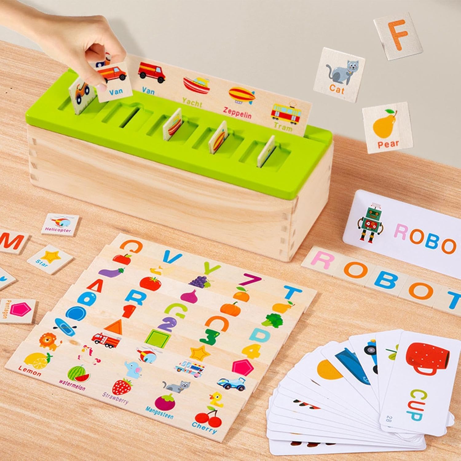 Fidtoy Wooden Knowledge Classification Objects Matching and Flash Cards Box Alphabet Learning Toy for Kids Ages 3+
