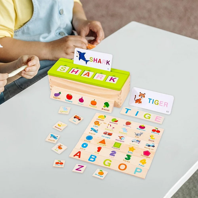 Fidtoy Wooden Knowledge Classification Objects Matching and Flash Cards Box Alphabet Learning Toy for Kids Ages 3+
