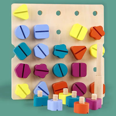 Tablero de tornillos de madera Montessori | Juguete de clasificación y combinación de formas de tuercas arcoíris
