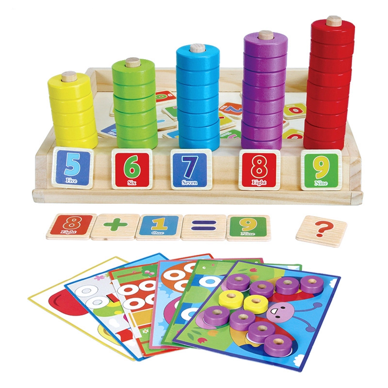 Fidtoy Wooden Number Counting Ring Board with Animal Puzzle Cards for Preschool Math Learning Toy