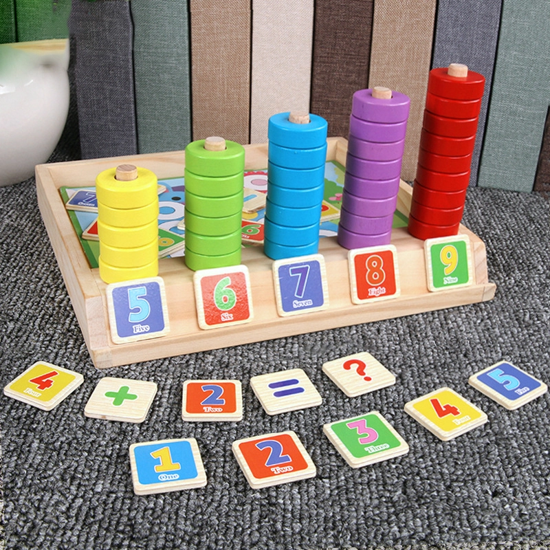 Fidtoy Wooden Number Counting Ring Board with Animal Puzzle Cards for Preschool Math Learning Toy