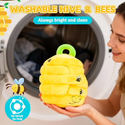 Mi primer juguete de peluche de abeja. Juego interactivo de escondite de colmena de abejas para bebés y niños pequeños. 5 abejas de peluche y colmena exprimible. Regalo de aprendizaje temprano Montessori para 1-3 años.