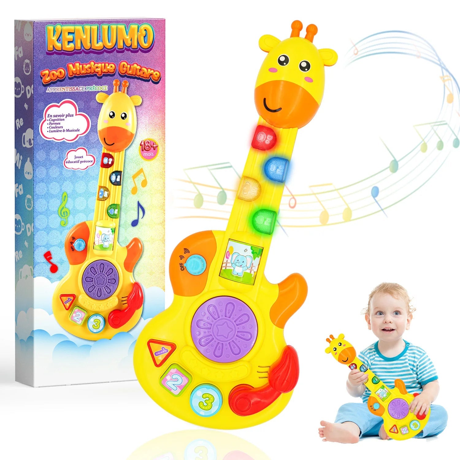 Fidtoy Girafe Guitare Musicale Jouet pour Tout-petits – Guitare Lumineuse pour Enfants avec Piano, Batterie, Sons d'Animaux, Tri de Formes et Modes Musicaux