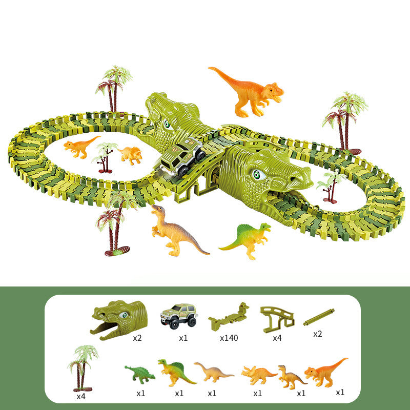 Fidtoy Circuit de course de dinosaures pour enfants – Piste jurassique flexible avec voiture dinosaure motorisée, boucle à 360°, pont, figurines de dinosaures et jeu de construction créatif
