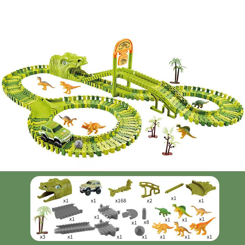 Fidtoy Circuit de course de dinosaures pour enfants – Piste jurassique flexible avec voiture dinosaure motorisée, boucle à 360°, pont, figurines de dinosaures et jeu de construction créatif