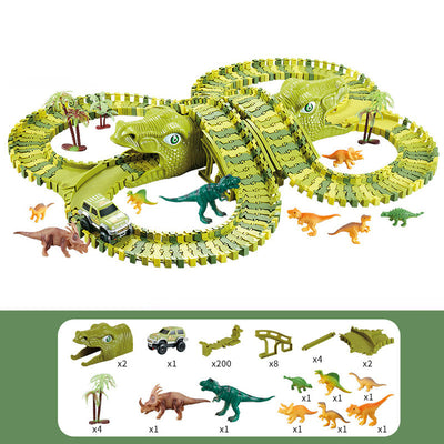 Fidtoy Circuit de course de dinosaures pour enfants – Piste jurassique flexible avec voiture dinosaure motorisée, boucle à 360°, pont, figurines de dinosaures et jeu de construction créatif
