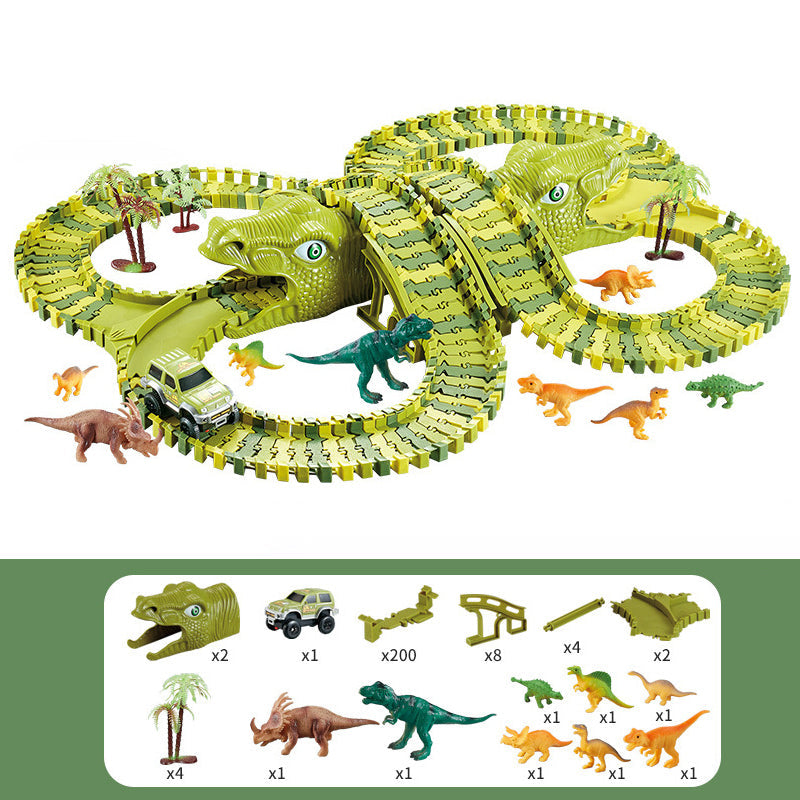 Fidtoy Circuit de course de dinosaures pour enfants – Piste jurassique flexible avec voiture dinosaure motorisée, boucle à 360°, pont, figurines de dinosaures et jeu de construction créatif