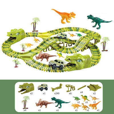 Fidtoy Circuit de course de dinosaures pour enfants – Piste jurassique flexible avec voiture dinosaure motorisée, boucle à 360°, pont, figurines de dinosaures et jeu de construction créatif
