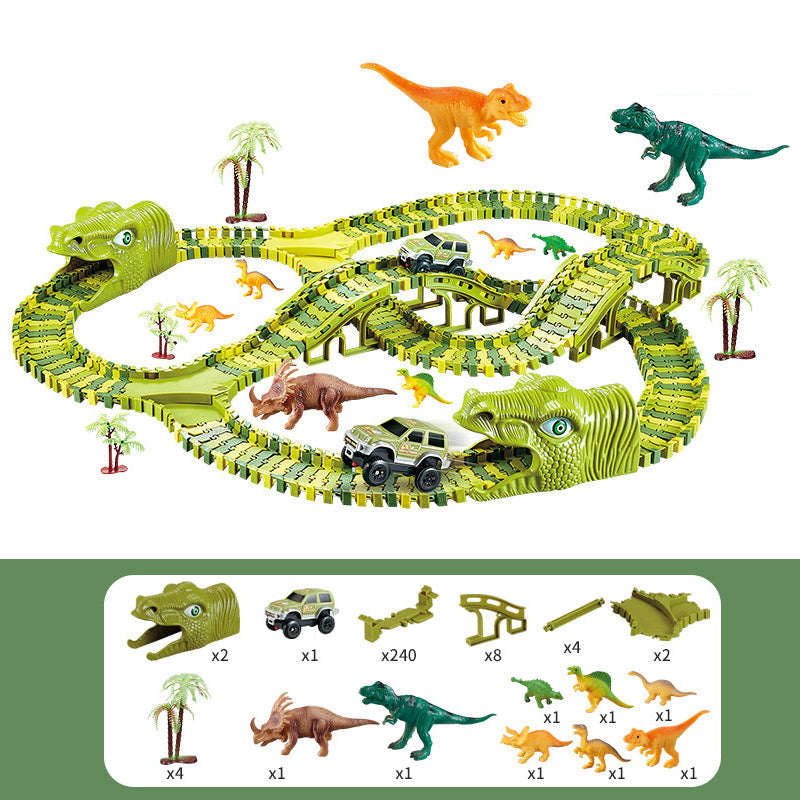 Fidtoy Circuit de course de dinosaures pour enfants – Piste jurassique flexible avec voiture dinosaure motorisée, boucle à 360°, pont, figurines de dinosaures et jeu de construction créatif