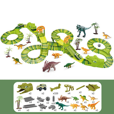 Fidtoy Circuit de course de dinosaures pour enfants – Piste jurassique flexible avec voiture dinosaure motorisée, boucle à 360°, pont, figurines de dinosaures et jeu de construction créatif