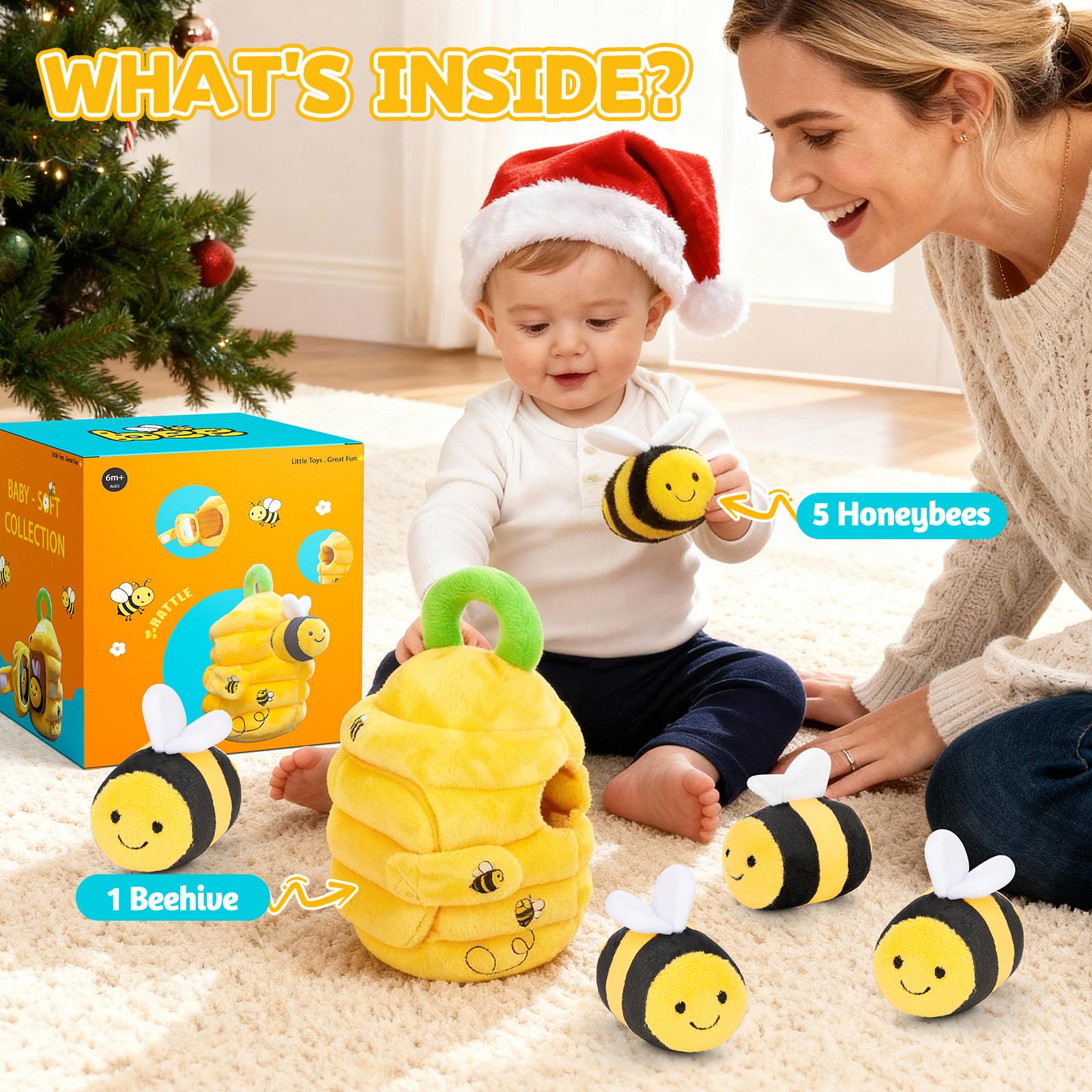 Mi primer juguete de peluche de abeja. Juego interactivo de escondite de colmena de abejas para bebés y niños pequeños. 5 abejas de peluche y colmena exprimible. Regalo de aprendizaje temprano Montessori para 1-3 años.