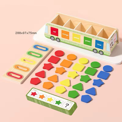 Activité de tri de pièces de monnaie en bois en forme de bus – Jouet de motricité fine avec cartes flash de motifs