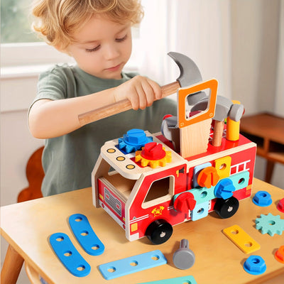Fidtoy Camion de pompier en bois à assembler | Apprentissage STEM et jeu d'imitation pour les tout-petits