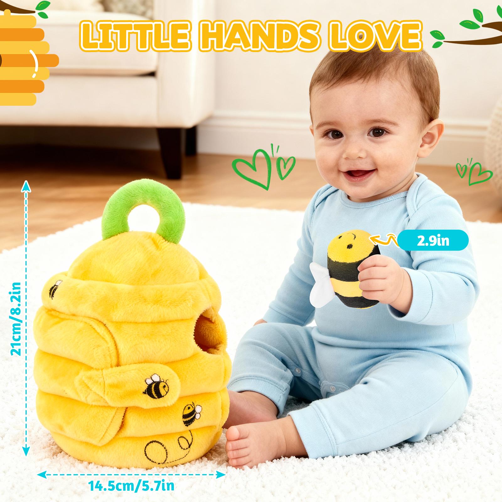 Mi primer juguete de peluche de abeja. Juego interactivo de escondite de colmena de abejas para bebés y niños pequeños. 5 abejas de peluche y colmena exprimible. Regalo de aprendizaje temprano Montessori para 1-3 años.