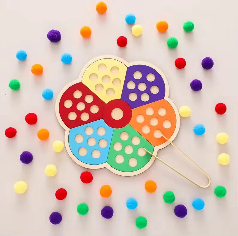 Tableau de tri de couleurs en forme de fleur avec activité pompons – Activité de motricité fine