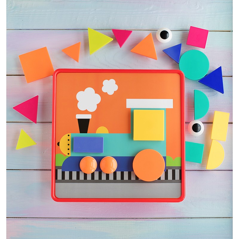 Fidtoy Puzzle Boutons Géométriques avec Boîte de Rangement, Jouet d'Apprentissage des Formes et des Couleurs en Plastique avec 22 Boutons Géométriques, 12 Cartes Images et 2 Pinces de Fixation, 3 Ans et Plus