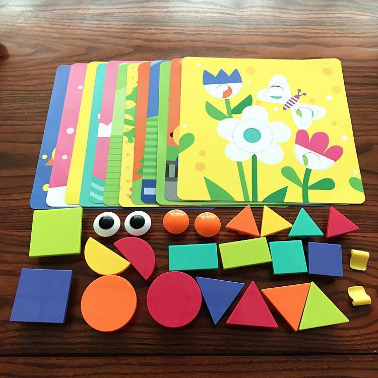 Fidtoy Puzzle Boutons Géométriques avec Boîte de Rangement, Jouet d'Apprentissage des Formes et des Couleurs en Plastique avec 22 Boutons Géométriques, 12 Cartes Images et 2 Pinces de Fixation, 3 Ans et Plus