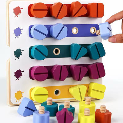 Tablero de tornillos de madera Montessori | Juguete de clasificación y combinación de formas de tuercas arcoíris