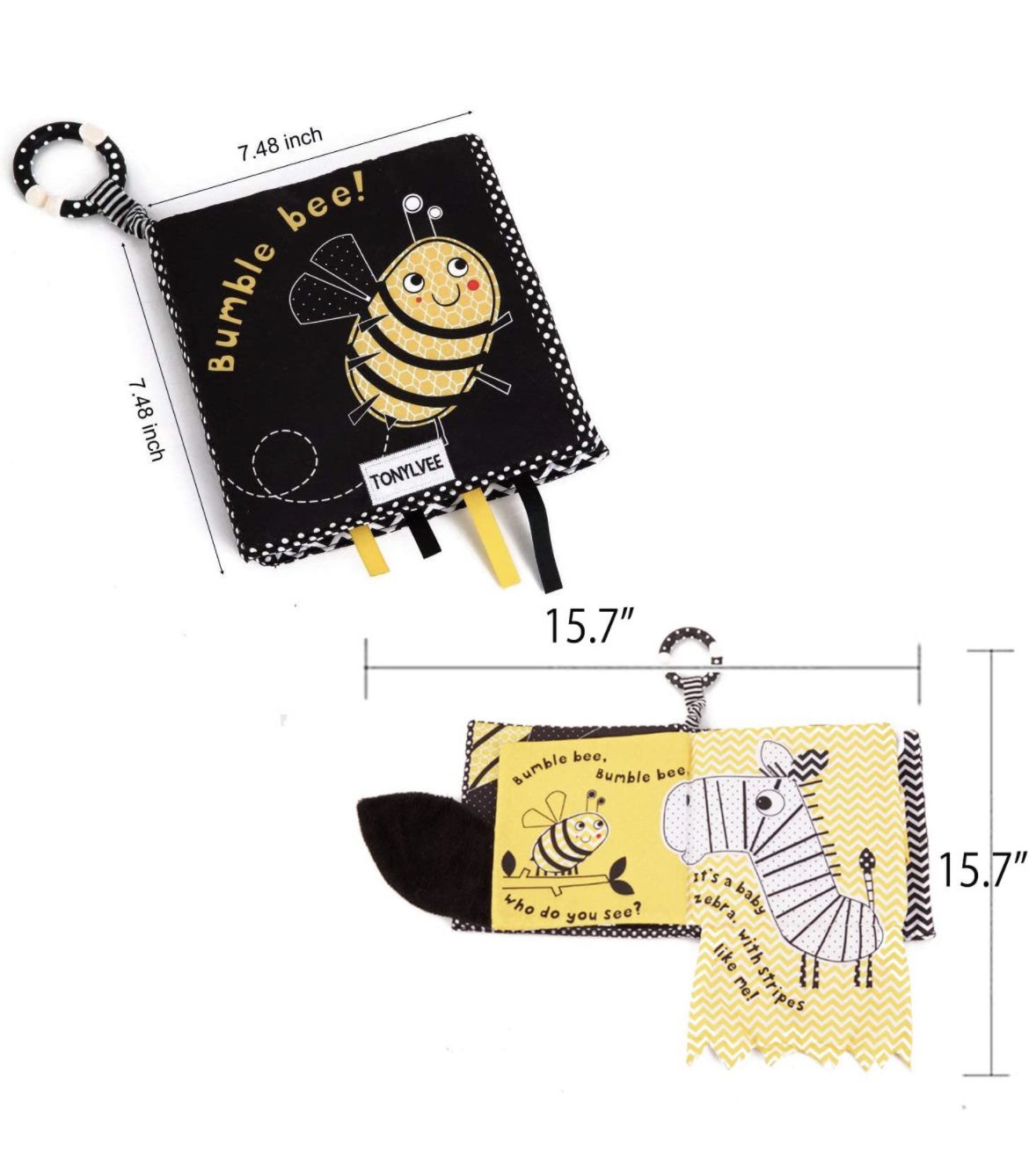 Livre en tissu doux pour bébés à contraste élevé « Bumble Bee » – Livre sensoriel froissable noir et blanc pour nouveau-nés et nourrissons