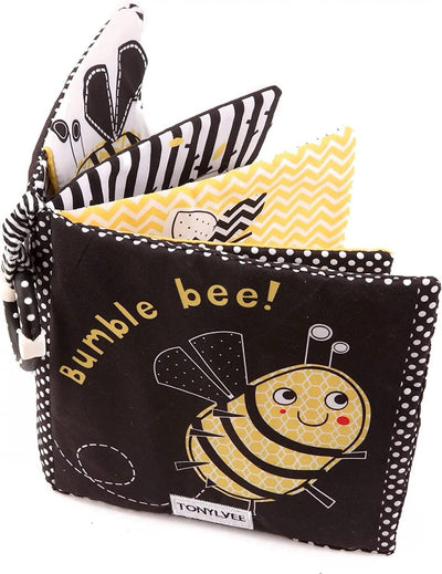 Livre en tissu doux pour bébés à contraste élevé « Bumble Bee » – Livre sensoriel froissable noir et blanc pour nouveau-nés et nourrissons