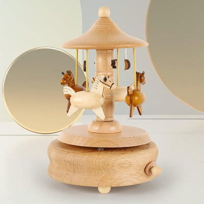 Boîte à Musique Manège en Bois Faite Main – Cadeau Carrousel Cheval Rotatif