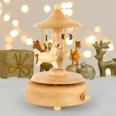 Boîte à Musique Manège en Bois Faite Main – Cadeau Carrousel Cheval Rotatif