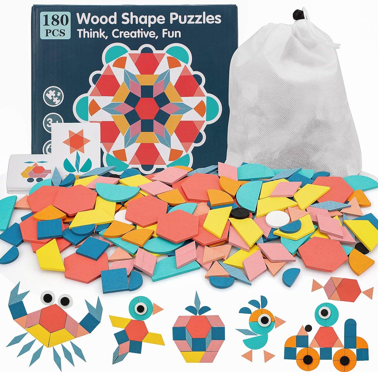 Fidtoy Wooden Tangram Puzzle Set with 180 Blocks and Cards