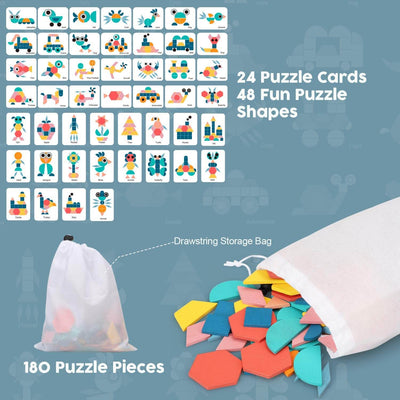 Fidtoy Wooden Tangram Puzzle Set with 180 Blocks and Cards