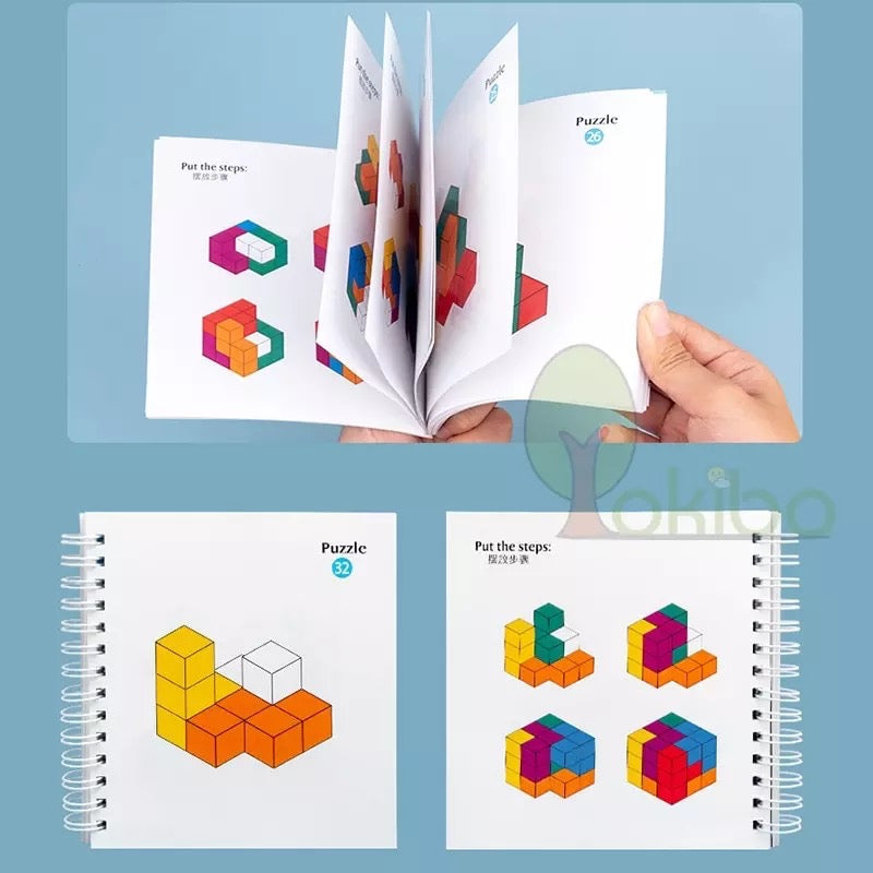 Cubo de rompecabezas lógico 3D de madera con libro - Juguetes de madera de composición abierta