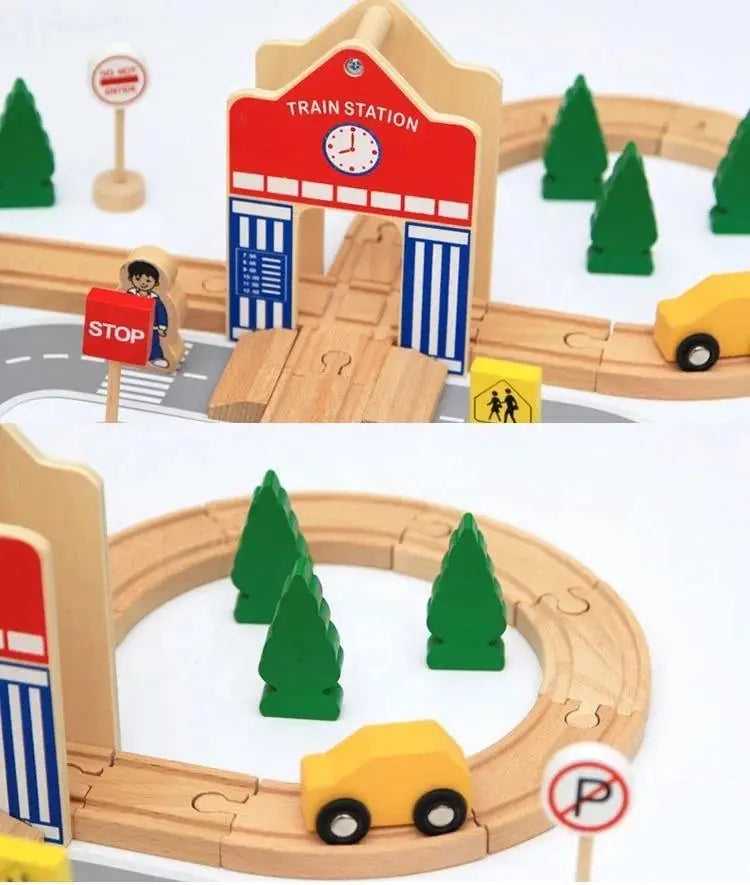 Juego de tren de madera hecho a mano de 50 piezas con vías de ferrocarril, modelo de coche magnético, juguete de coche para niños, regalo