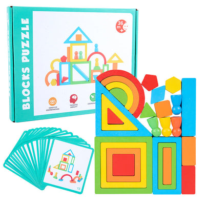 Blocs de construction en bois "Arc-en-ciel" avec cartes – Les mathématiques par le jeu imaginatif