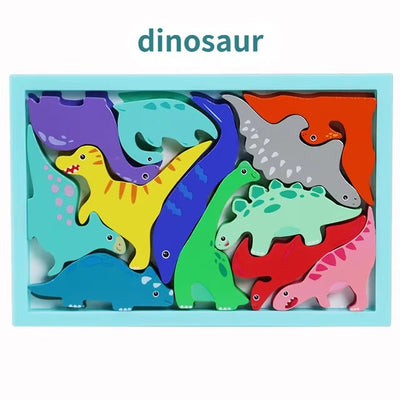 Fidtoy 3D Assembling Dinosaur Puzzle Board Random Design, Wooden Prehistoric Animal Puzzle, Fine Motor Spatial Reasoning Toy Ages 2-6