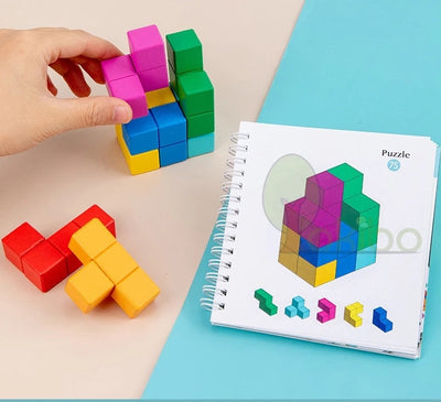 Cubo de rompecabezas lógico 3D de madera con libro - Juguetes de madera de composición abierta