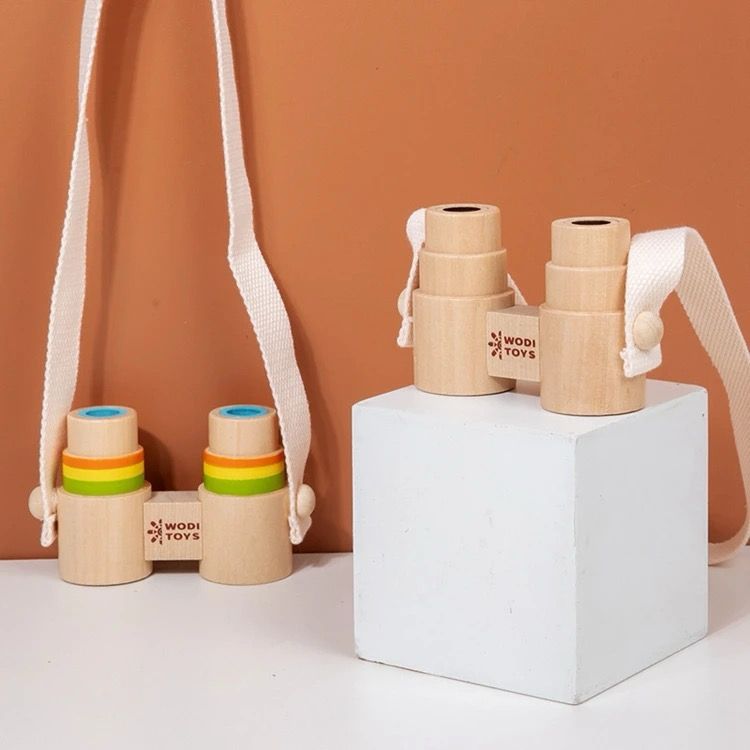 Prismáticos de madera de juguete – Exploración de la naturaleza Montessori para niños