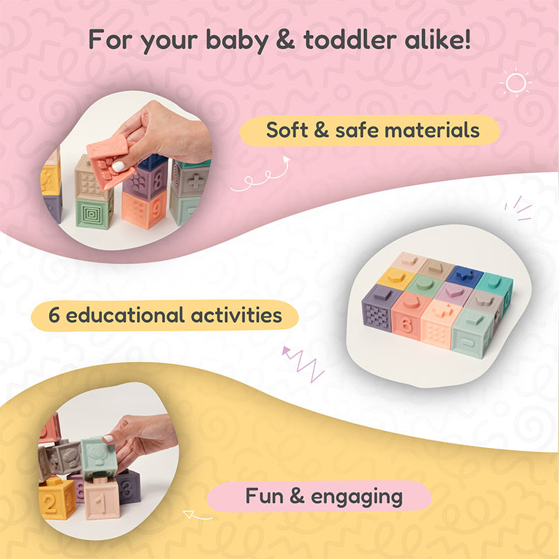Fidtoy Bloques Sensoriales de Silicona Apilables para Bebés – Set de Juguetes Suaves para la Dentición 6 Meses+