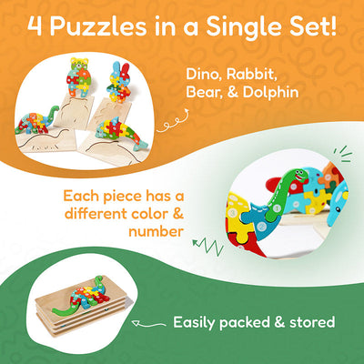 Jeu de puzzles en bois d'animaux Fidtoy pour tout-petits – Lot de 4 puzzles à formes pour enfants