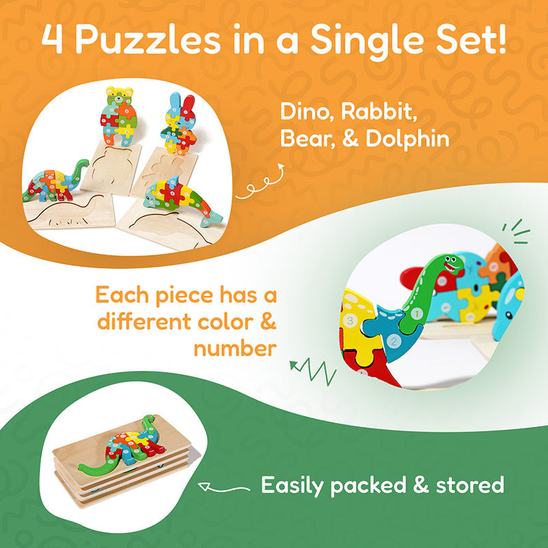 Jeu de puzzles en bois d'animaux Fidtoy pour tout-petits – Lot de 4 puzzles à formes pour enfants