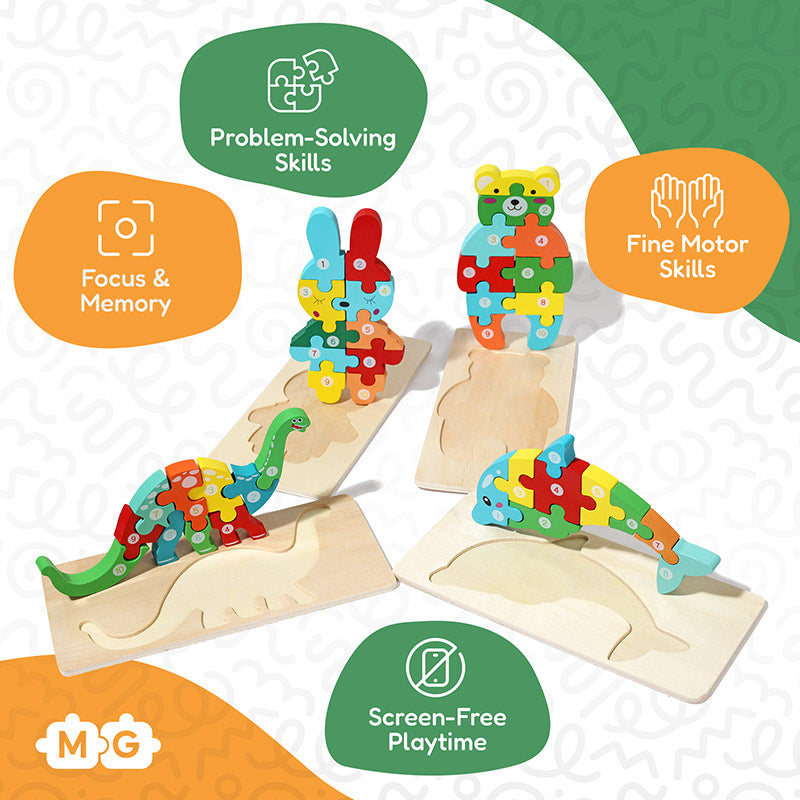 Jeu de puzzles en bois d'animaux Fidtoy pour tout-petits – Lot de 4 puzzles à formes pour enfants