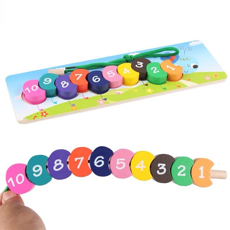 Oruga para ensartar - Juguete Montessori para motricidad fina y reconocimiento de números
