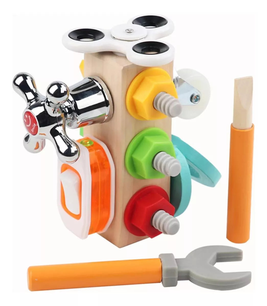 Fidtoy Wooden Activity Busy Cube Nut Combination Tool Kit for Kids | Montessori Screw & Nut Tower, Bolt Tool Set, Shape Sorting, Gears, Fine Motor Skills & Hand-Eye Coordination Toy Age 2+