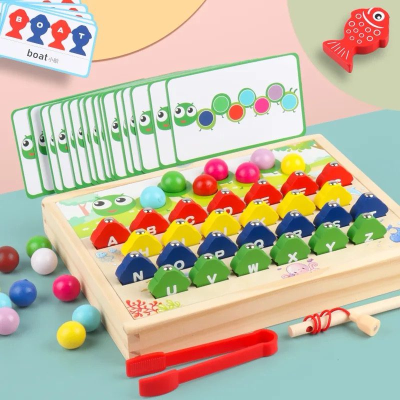 Jeu de pêche magnétique des lettres de l'alphabet et Jeu de tri des perles sur chenille – Activité d'inspiration Montessori pour la reconnaissance des lettres, le tri et la motricité fine