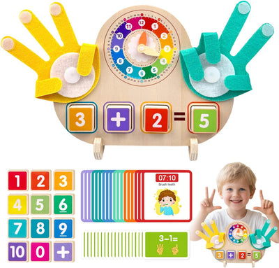 Jouet d'apprentissage Montessori mathématiques et horloge pour enfants de 3 à 5 ans, jouet éducatif en bois avec blocs numériques, aiguilles de comptage et cartes de routine – Apprenez l'addition