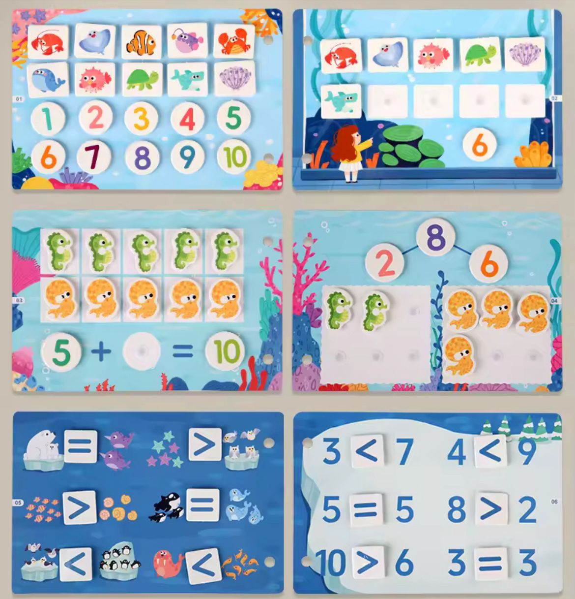 Mini libro interactivo - Tema de matemáticas oceánicas | Aprende números, conteo y fracciones con diversión bajo el agua