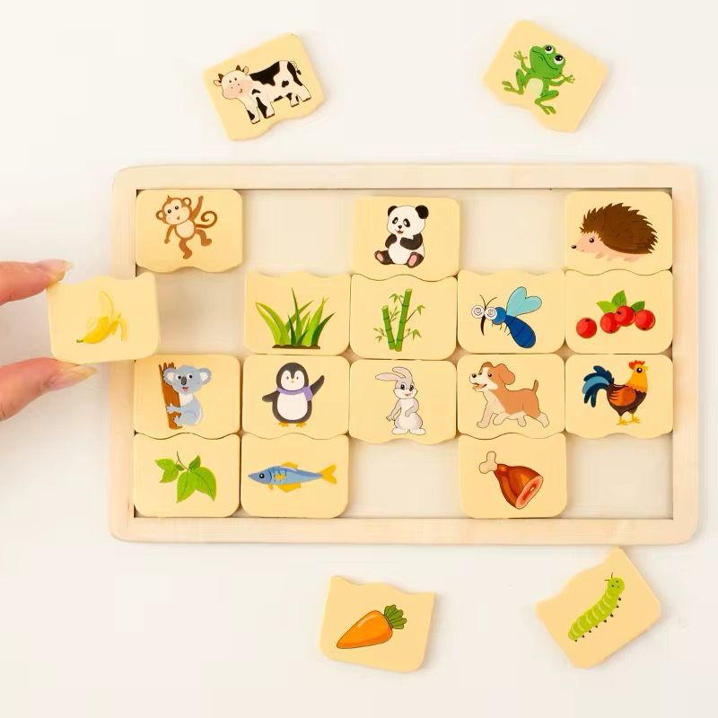 Rompecabezas de emparejar animales y alimentos Montessori - Juguete educativo de madera para niños pequeños y preescolares